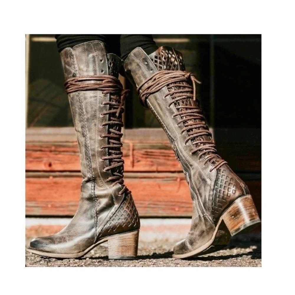 Freebird by Steven Carver‎ Distressed Leather Lace Up Knee Boots 9